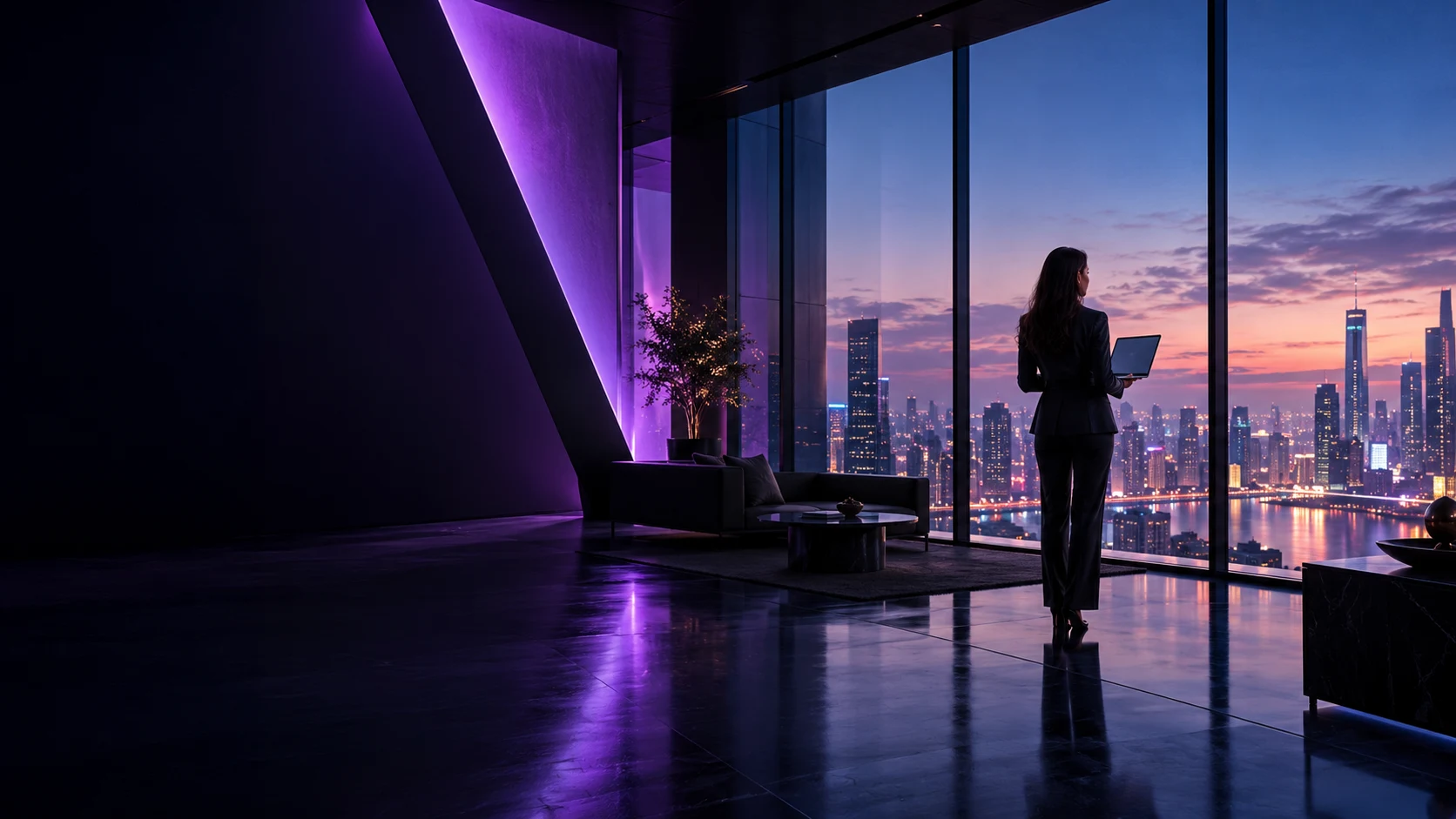 Amethyst-lit architectural brand illustration